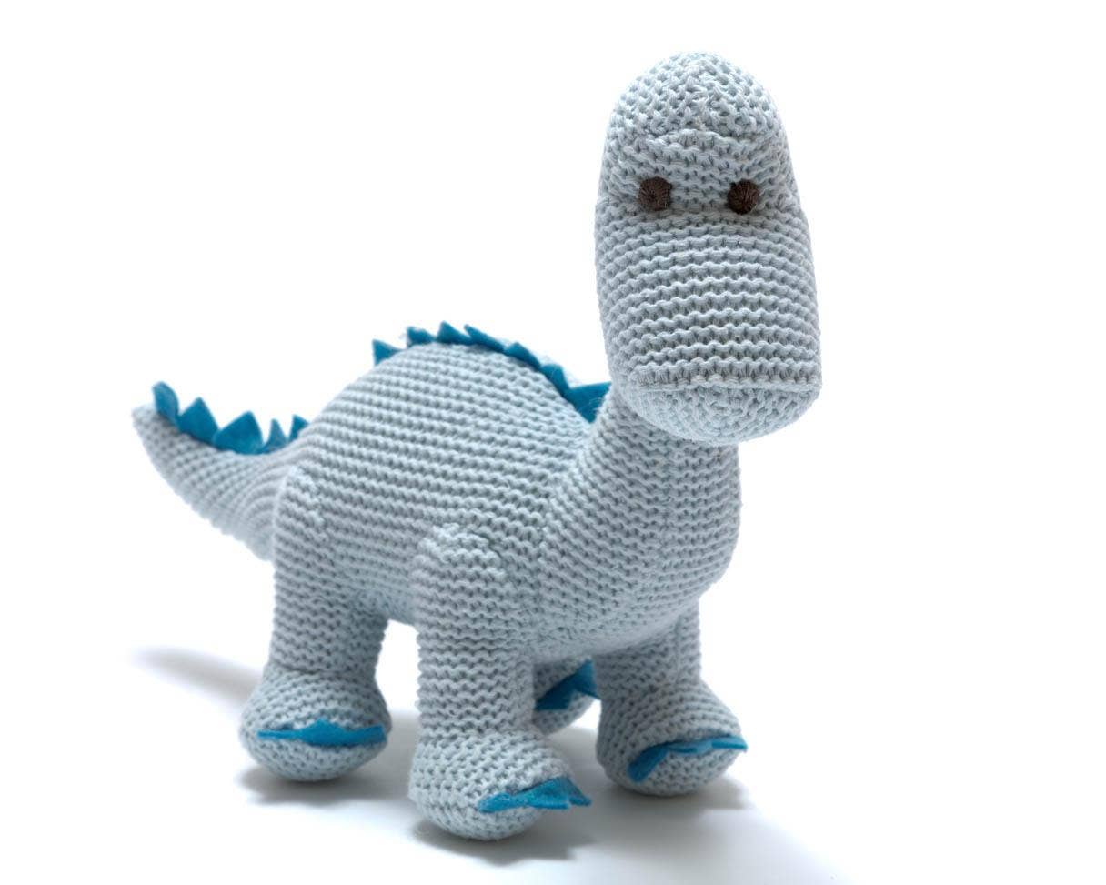 Gestrickte Bio-Baumwoll-Baby-Rassel Diplodocus Dinosaurier in Blau