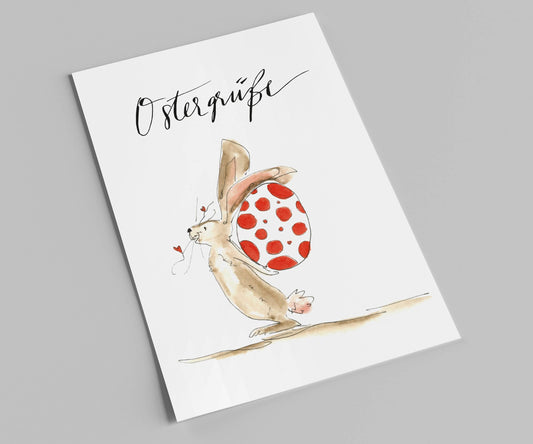 Osterkarte | Ostergrüße | Hase mit riesigem buntem Ei