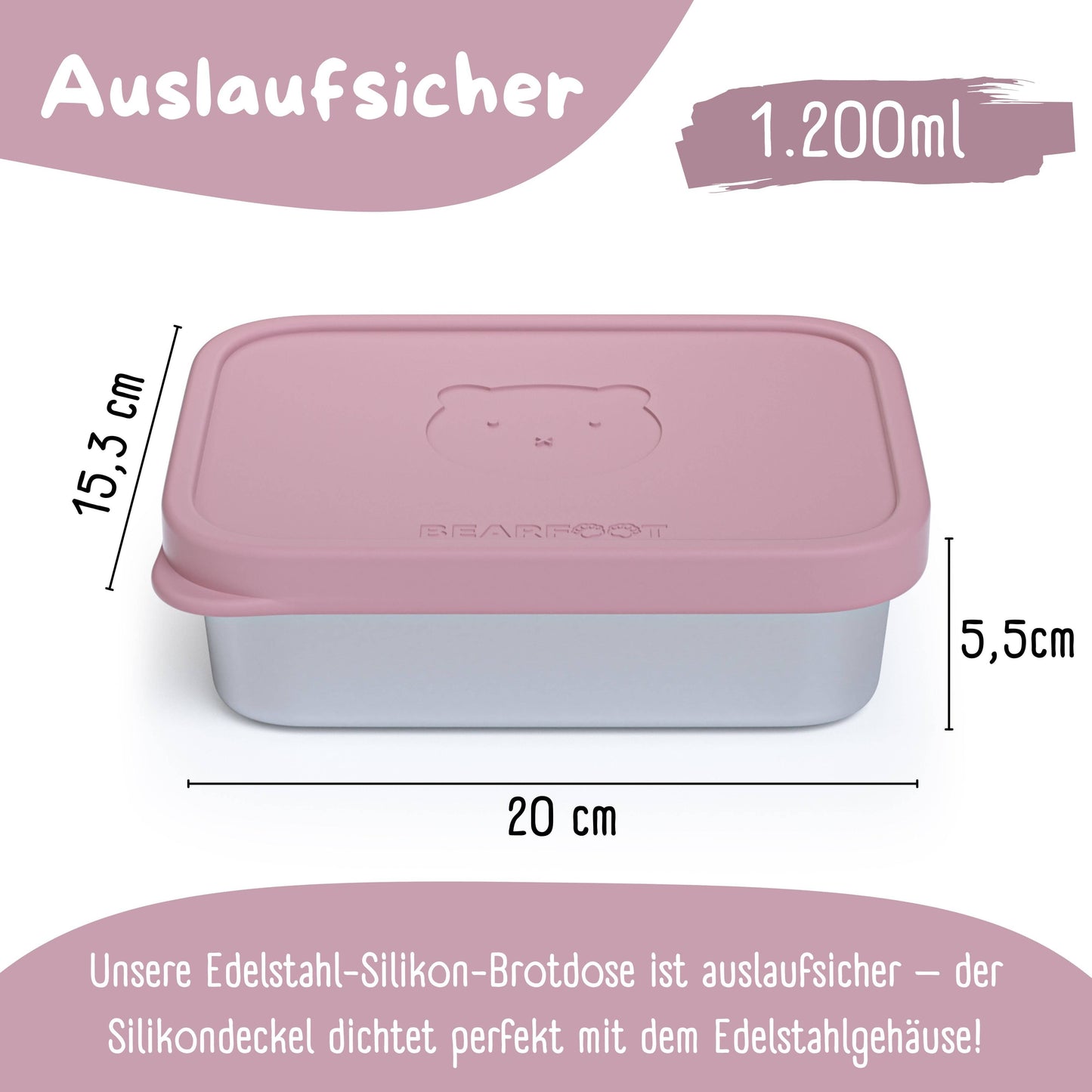 Brotdose Kinder Edelstahl mit Silikoneinsatz - Rosa: 1.200ml