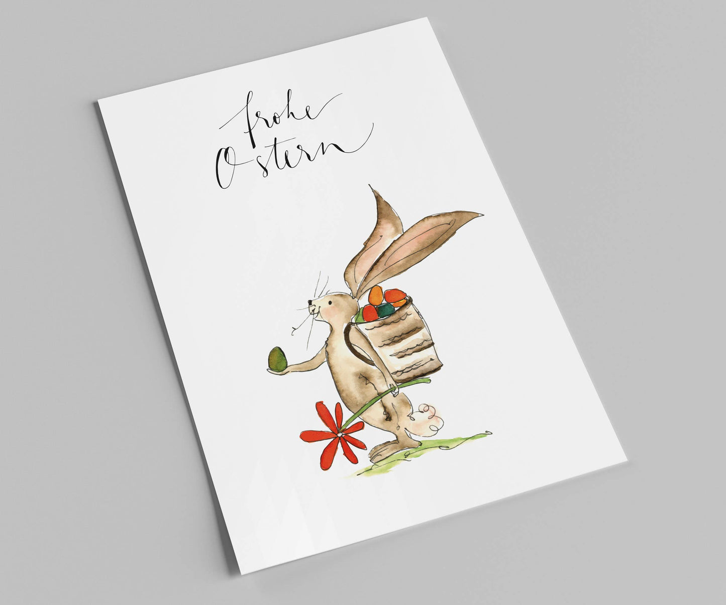 Osterkarte | Froher Ostern | Hase mit Kiepe überreicht Eier