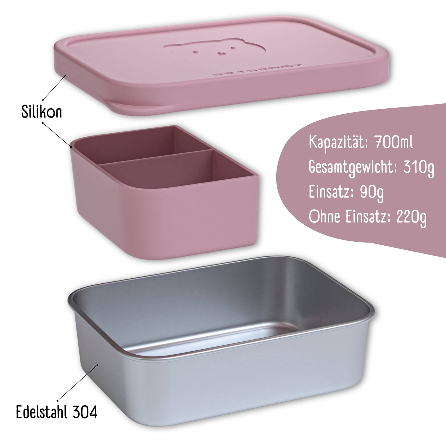 Brotdose Kinder Edelstahl mit Silikoneinsatz - Rosa: 700ml