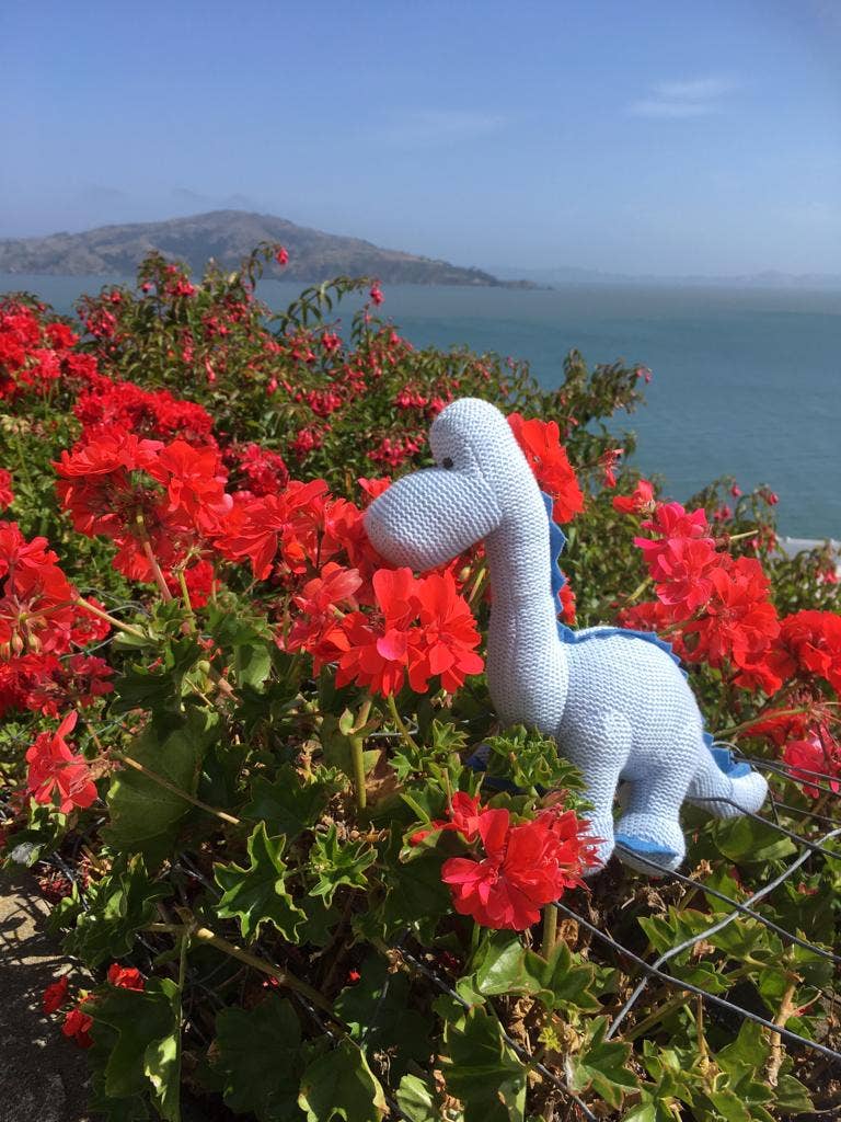 Gestrickte Bio-Baumwoll-Baby-Rassel Diplodocus Dinosaurier in Blau