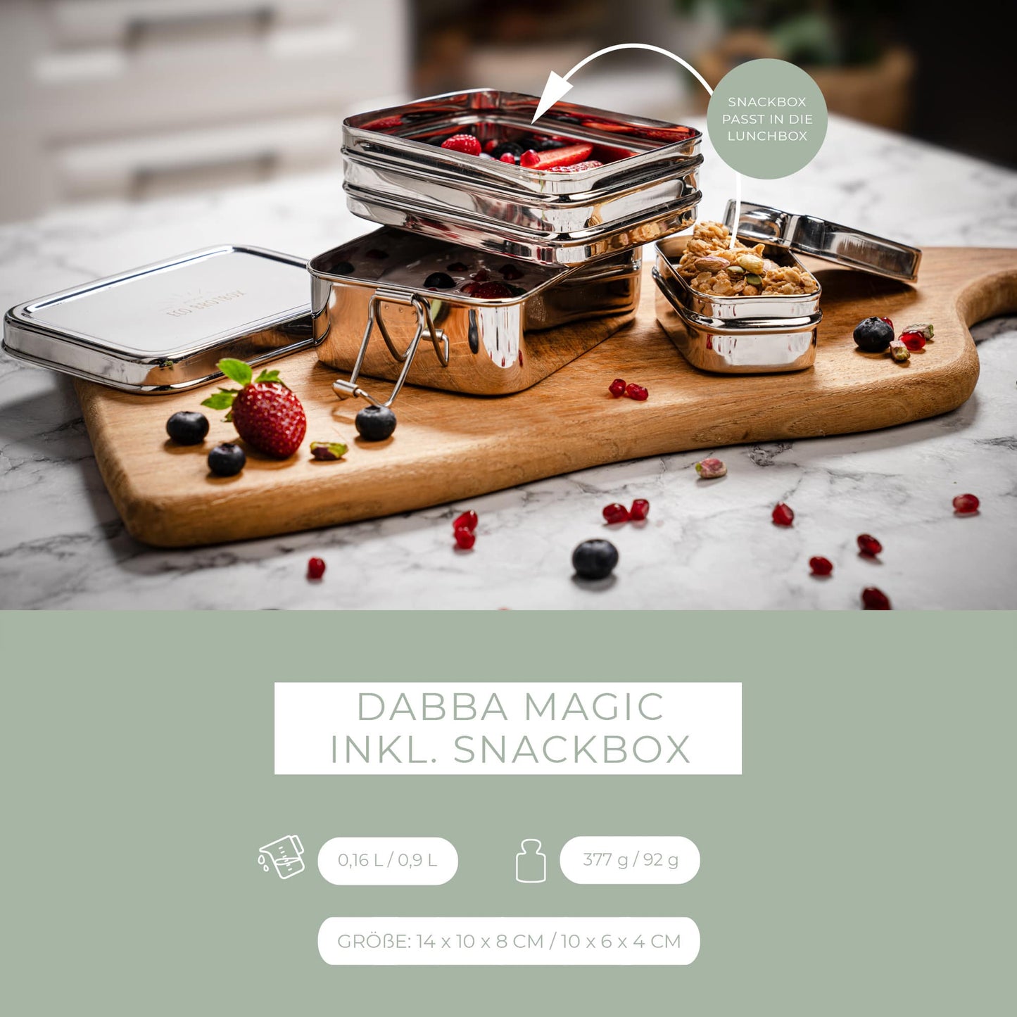 Dabba Magic – Doppeldecker Lunchbox aus Edelstahl mit Snackbox