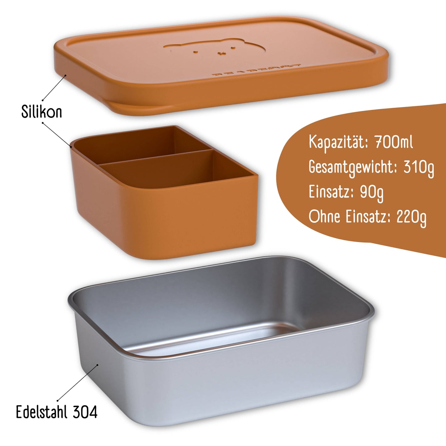 Brotdose Kinder Edelstahl mit Silikoneinsatz - Braun: 700ml