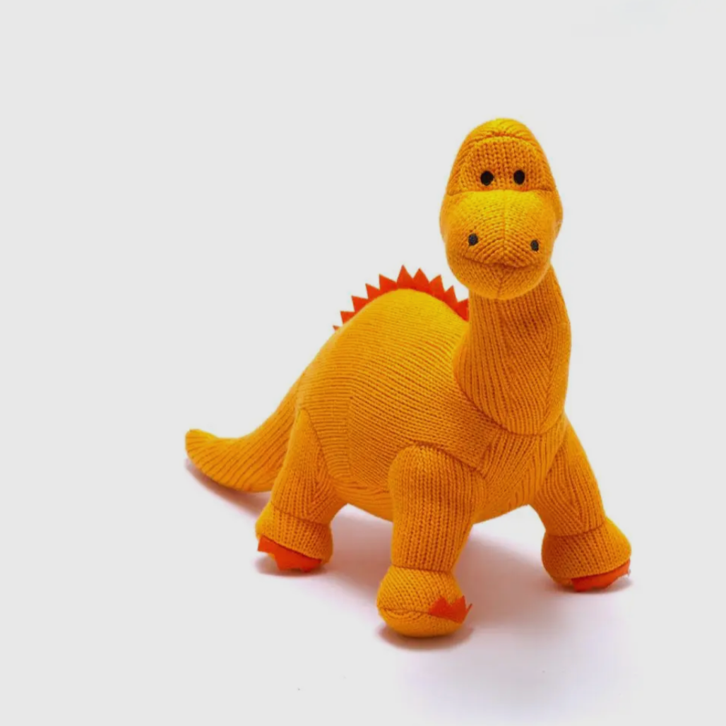 Orange Diplodocus gestrickt aus Bio-Baumwolle