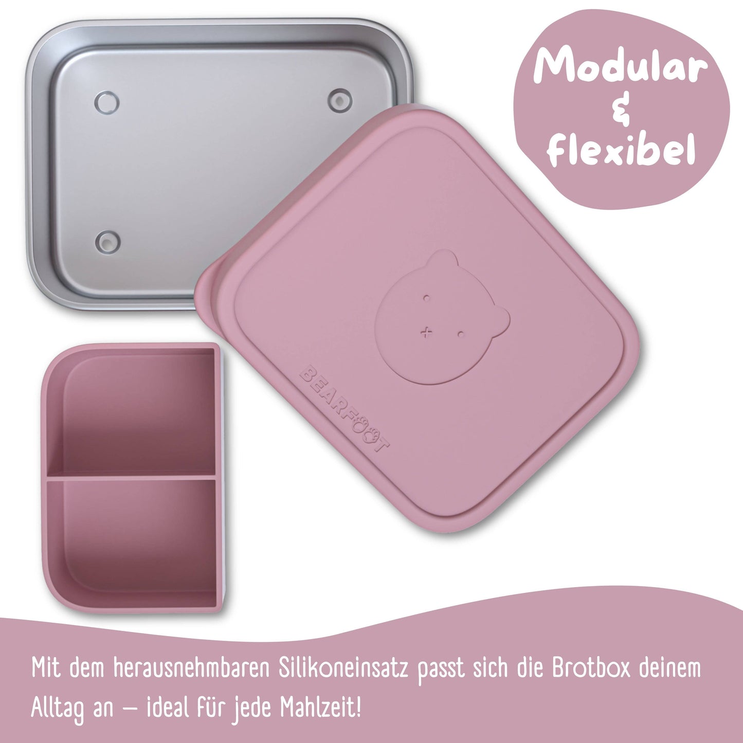 Brotdose Kinder Edelstahl mit Silikoneinsatz - Rosa: 1.200ml