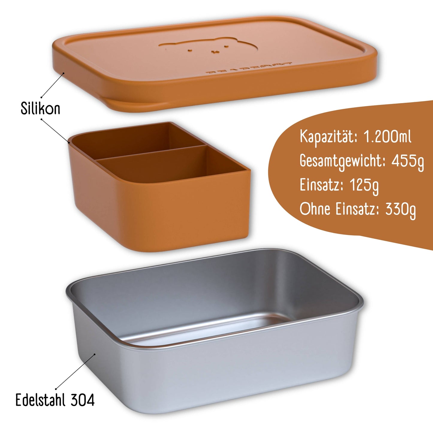 Brotdose Kinder Edelstahl mit Silikoneinsatz - Braun: 700ml