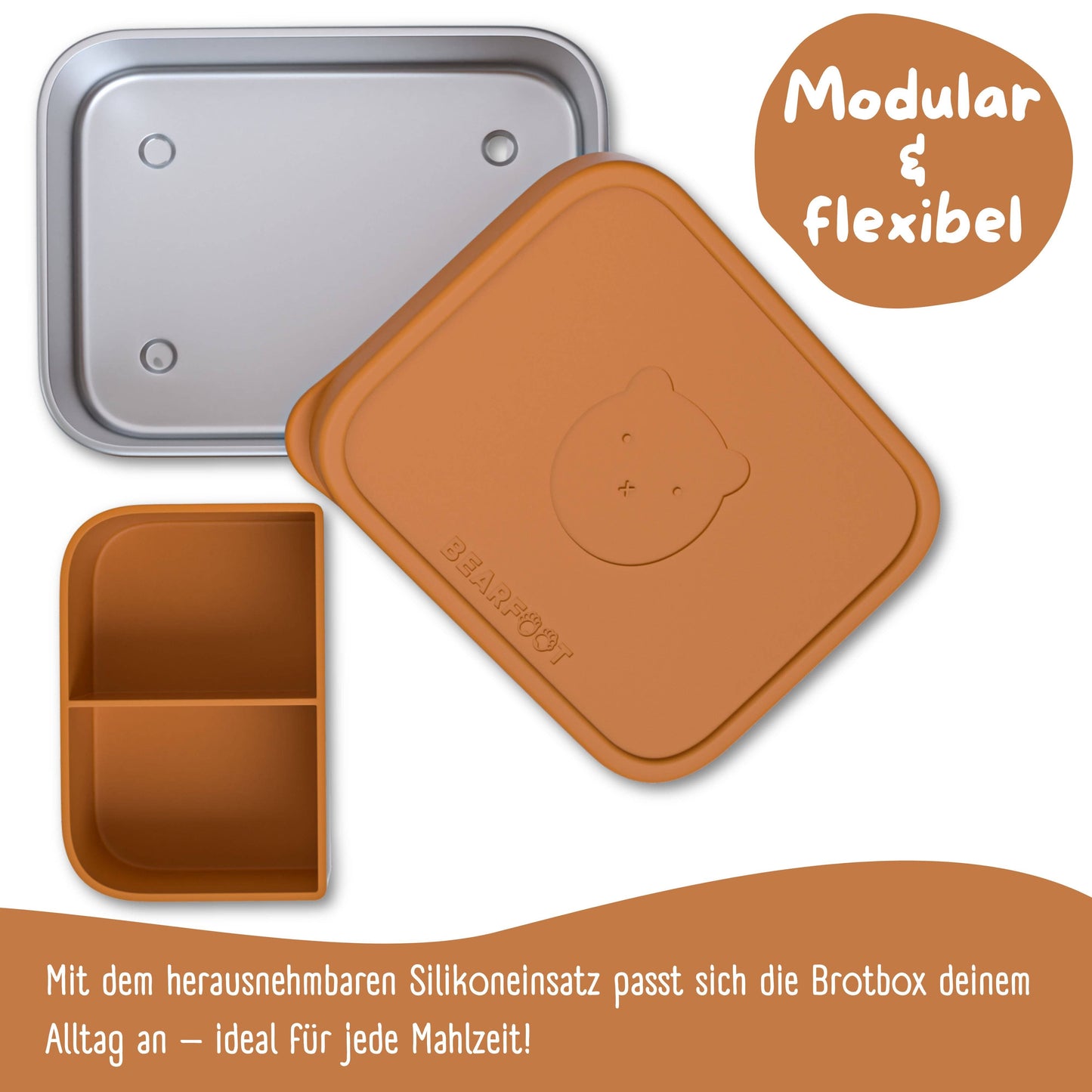 Brotdose Kinder Edelstahl mit Silikoneinsatz - Braun: 700ml